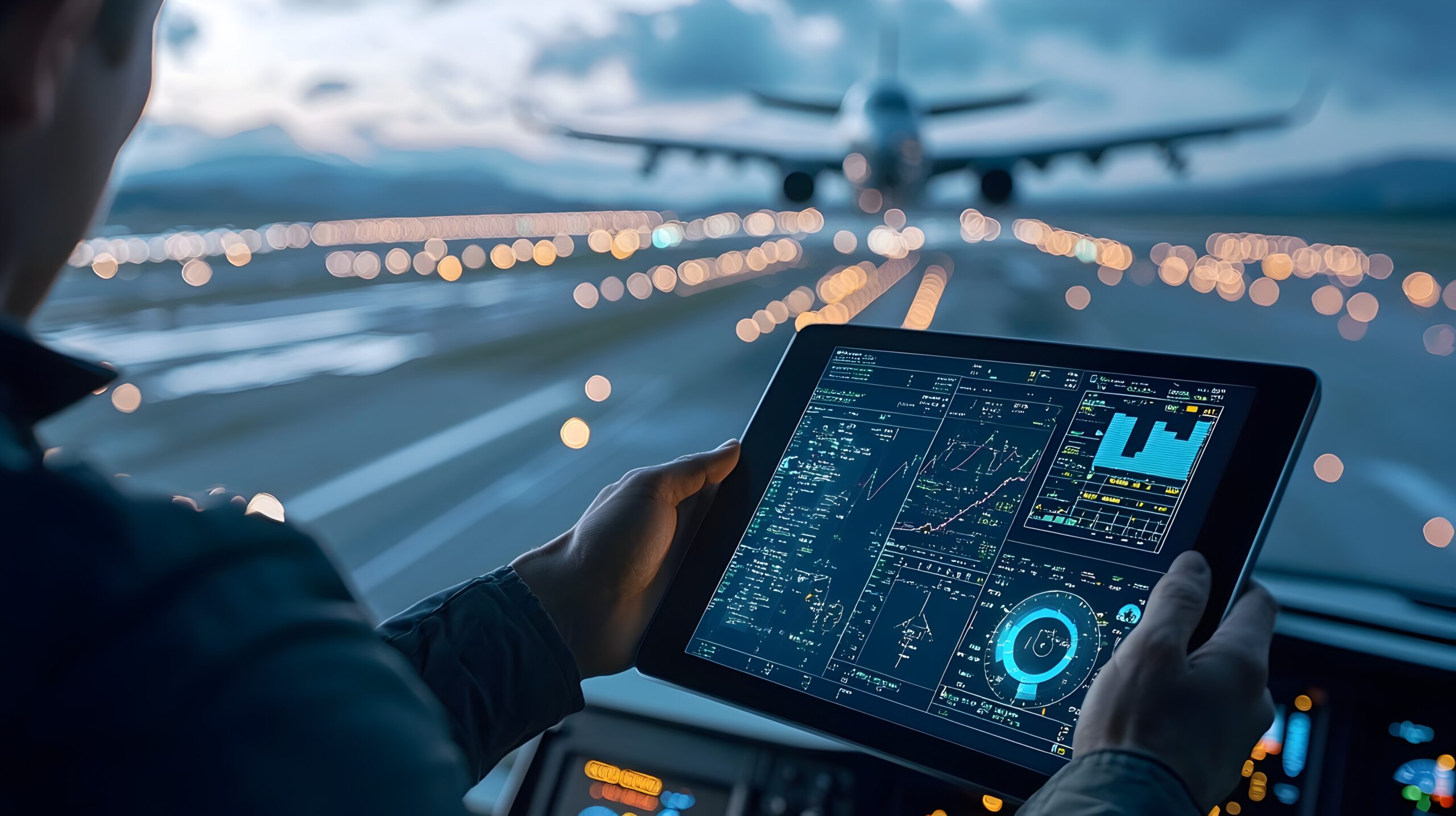 Closeup of an engineer or pilot holding a digital tablet displaying real time flight performance data and analytics with a runway and aircraft in the background