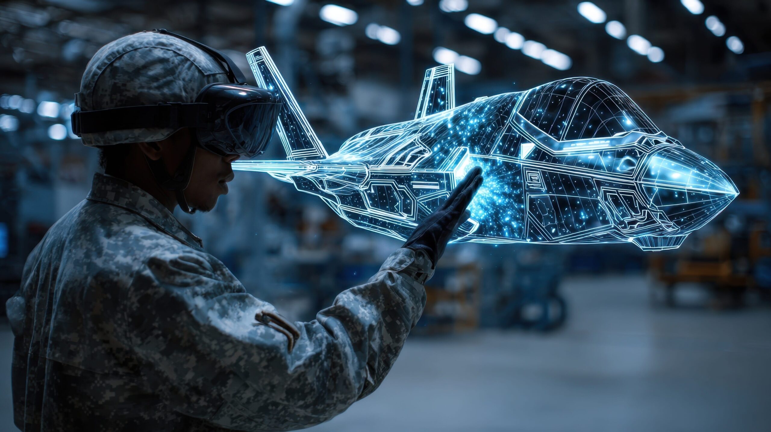 A skilled engineer in military attire manipulates a floating hologram to design a revolutionary fighter jet in a hightech manufacturing facility illustrating the fusion of creativity