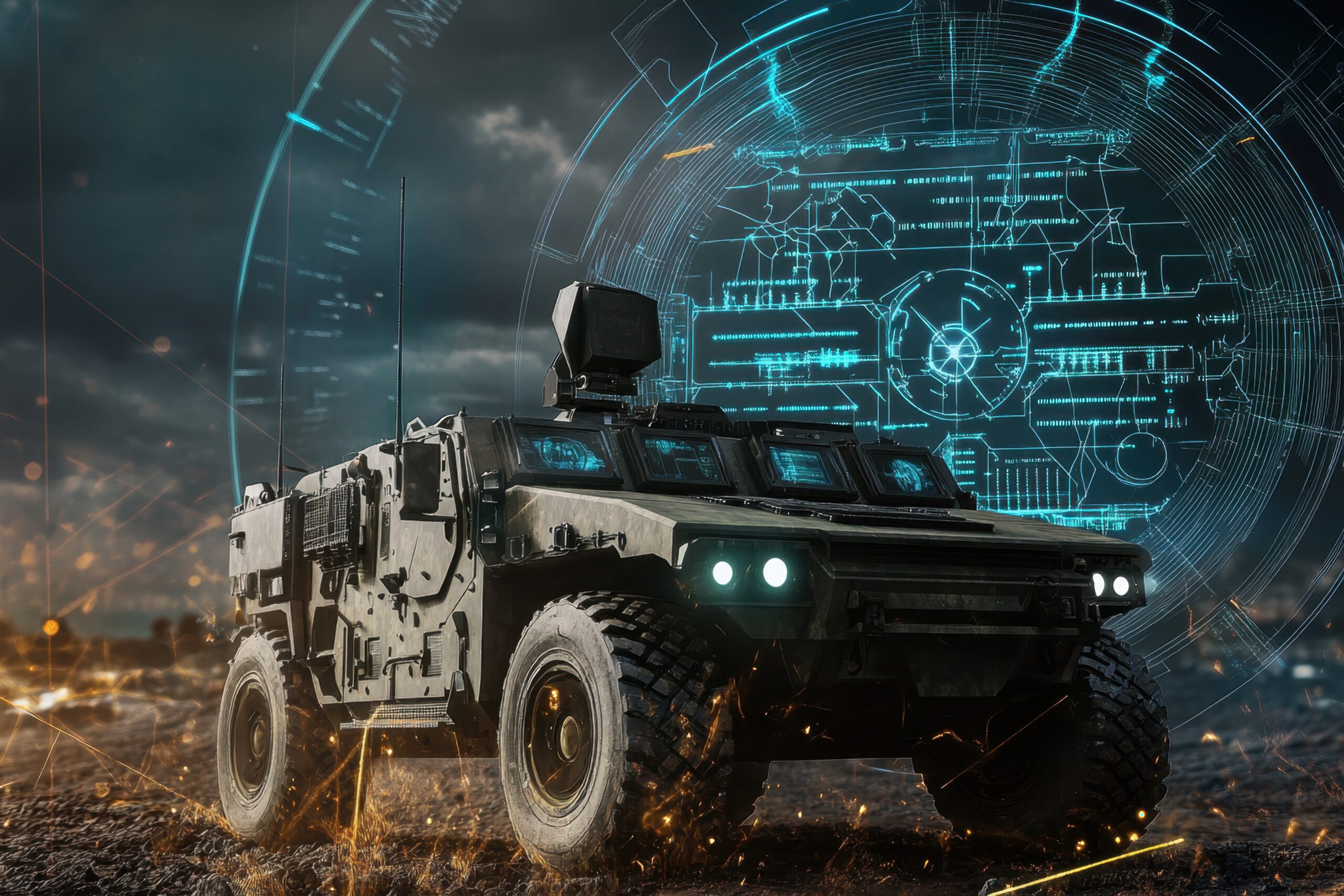 Military armored vehicle showcasing advanced technology in a dramatic setting