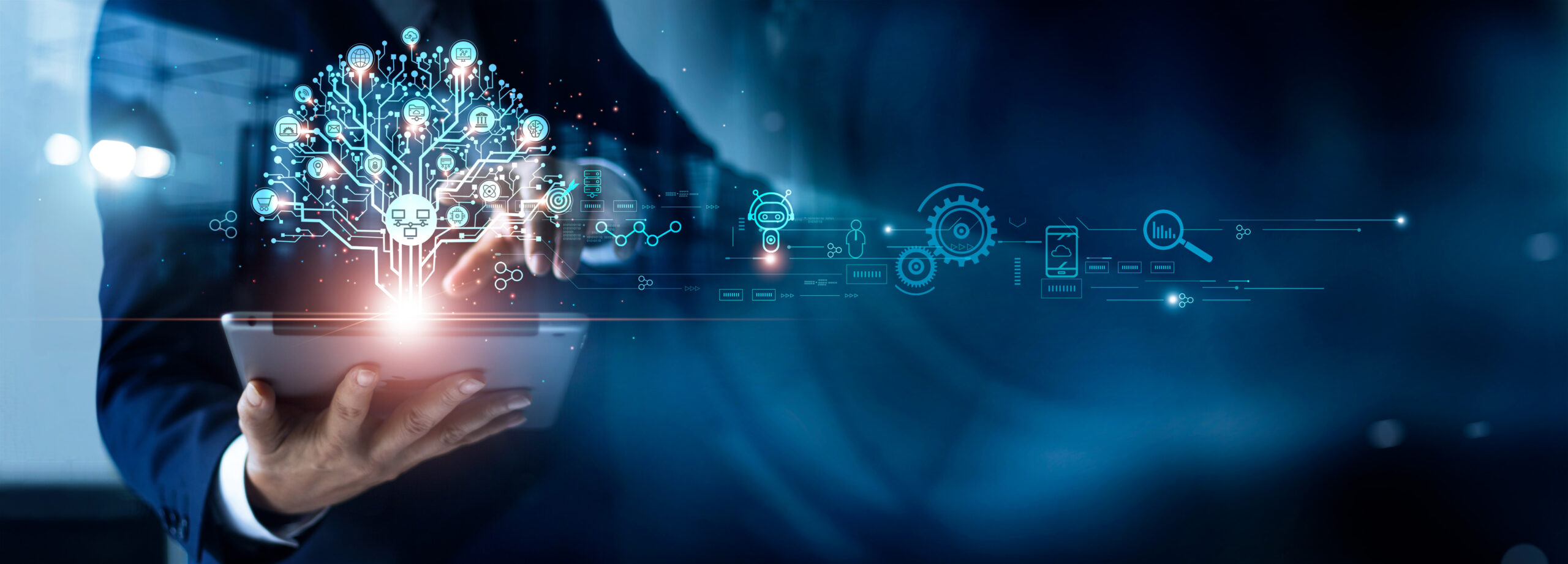 Businessman touching structure of business technology on data network to adapt implement new policies and technology to support it effectively. Enhance customer experience and stay competitive