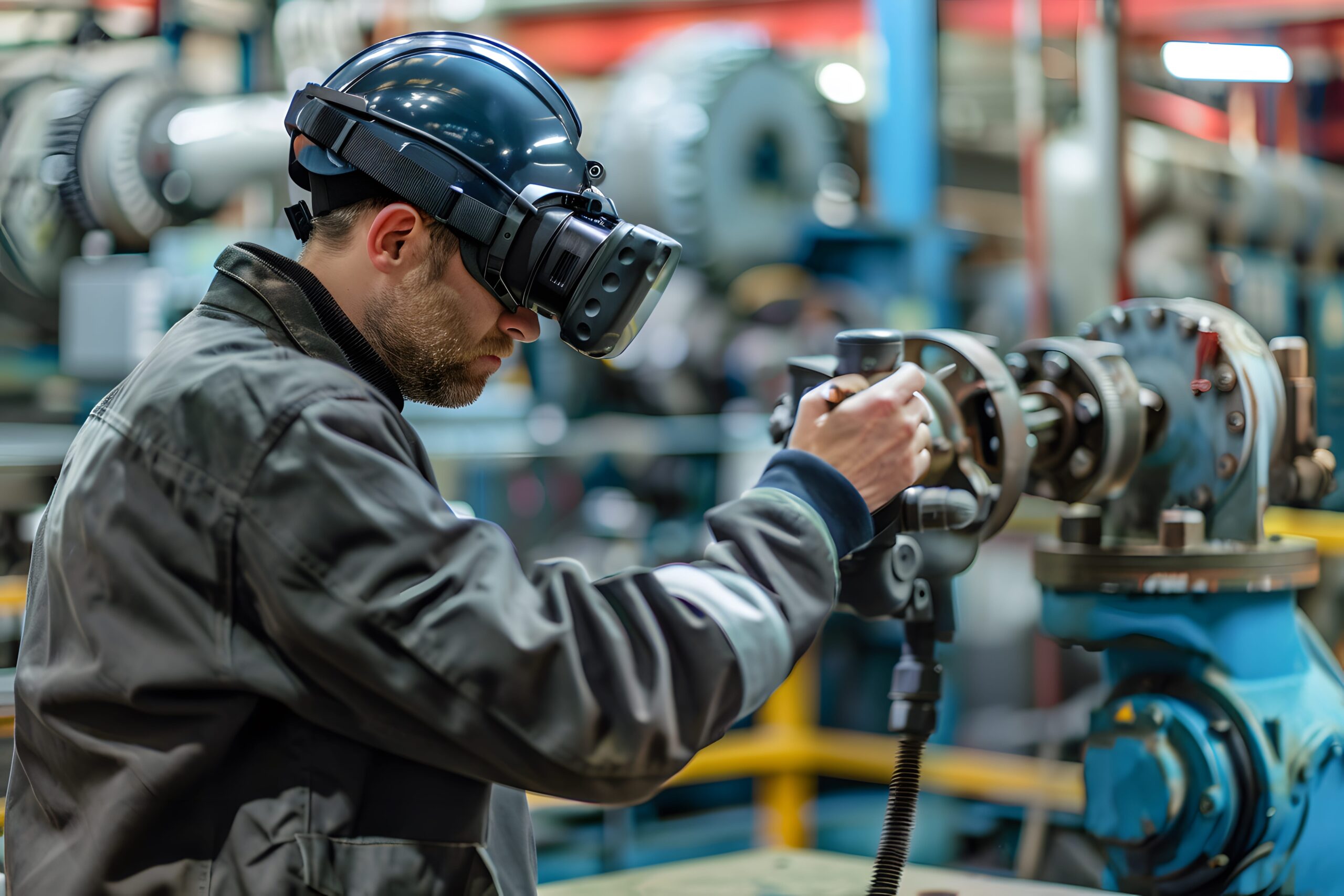 Illustration of Using AR and VR for training, maintenance, and design visualization in industrial environments. Ai Generate.