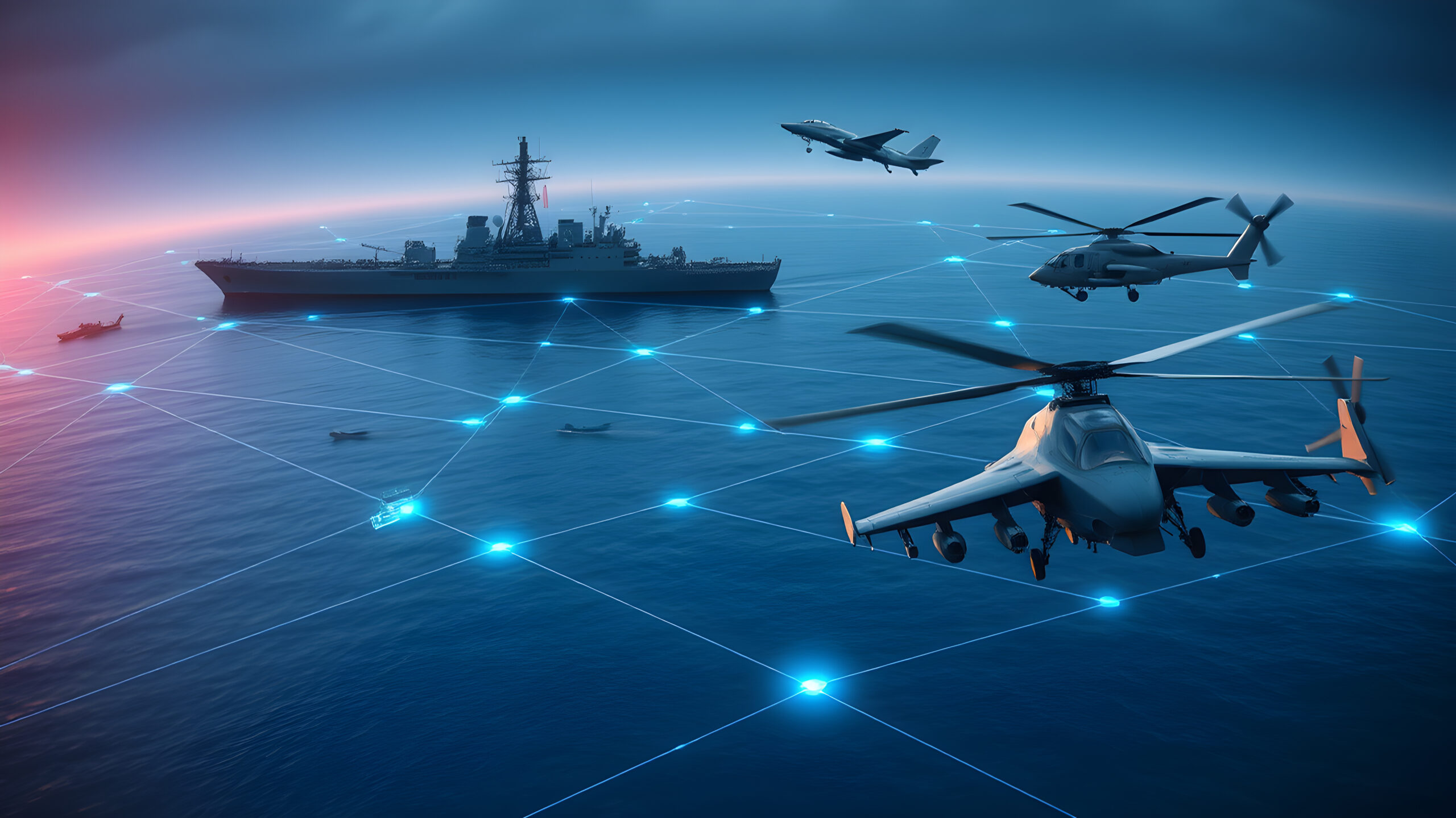 Make a joint enterprise military communication network image with blues and blacks with a naval ship and a satellite and an air force fighter jet and a military drone. Generative AI